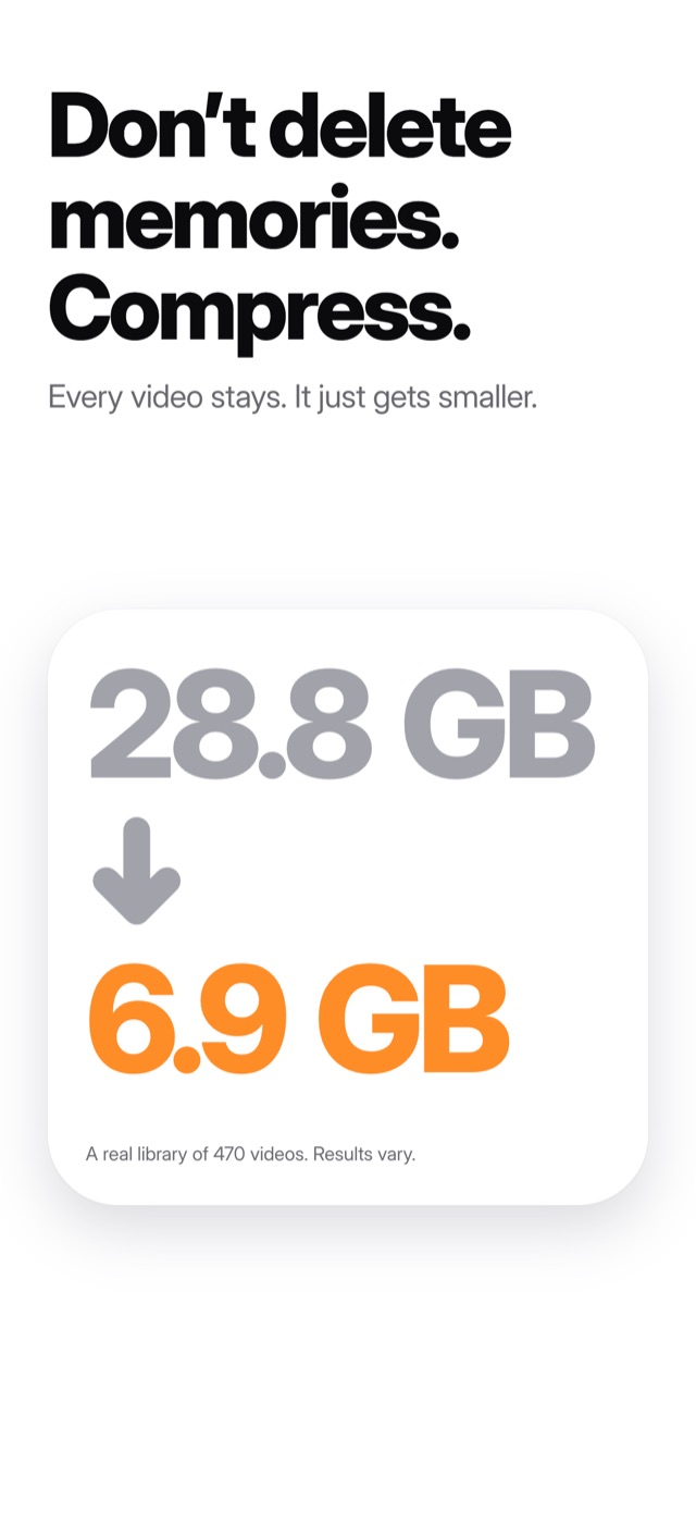 Don’t delete memories. Compress. Every video stays, it just gets smaller: 28.8 GB down to 6.9 GB in a real library of 470 videos.
